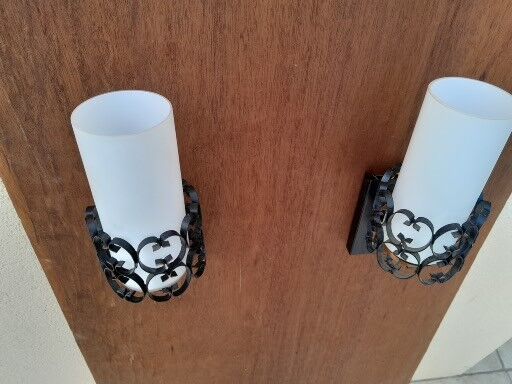 Pair vintage wrought iron wall lamps
