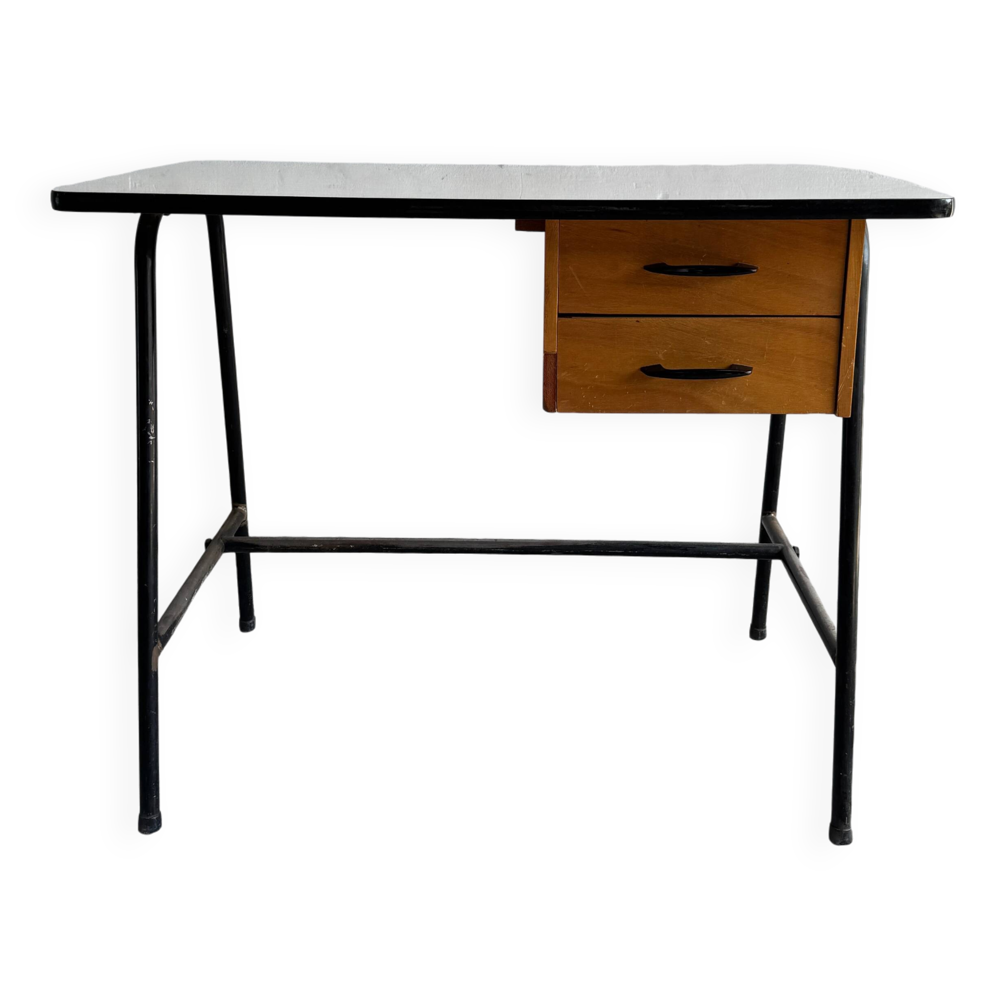 Black metal and wood mid-century industrial desk with laminated top and two drawers