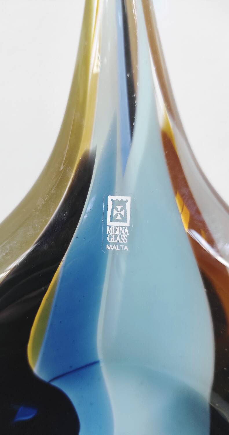 Large sculptural drop vase made of blown glass signed Mdina Glass Malta.