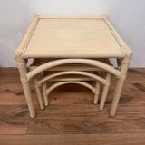 Three stackable rattan and bamboo Maugrion coffee tables