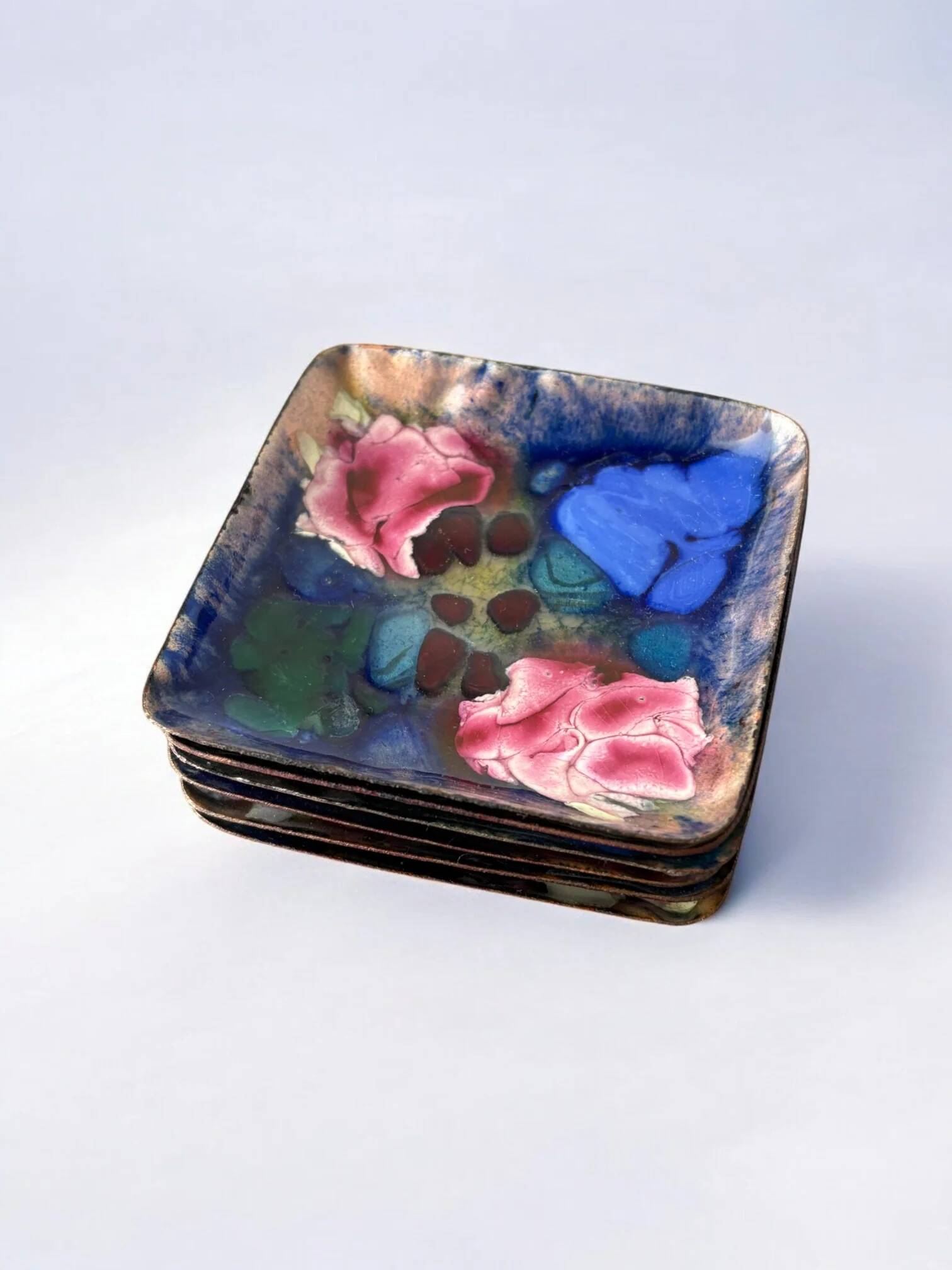 Set of 6 modernist enamel soy dishes by J. Capo Esmaltes, Spain, 1970s