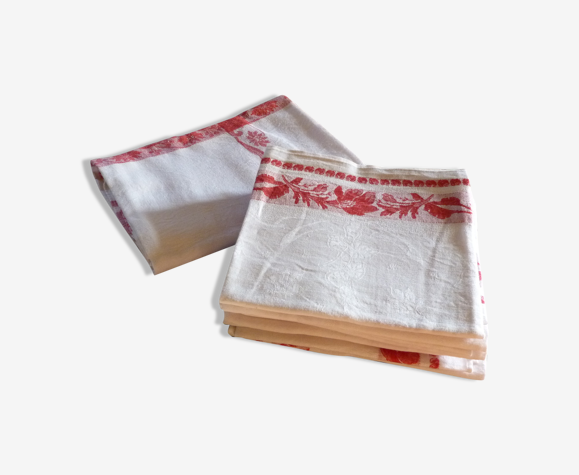 Nappe ancienne en lin damassé blanc et rouge monogramme brodé & 11 serviettes assorties