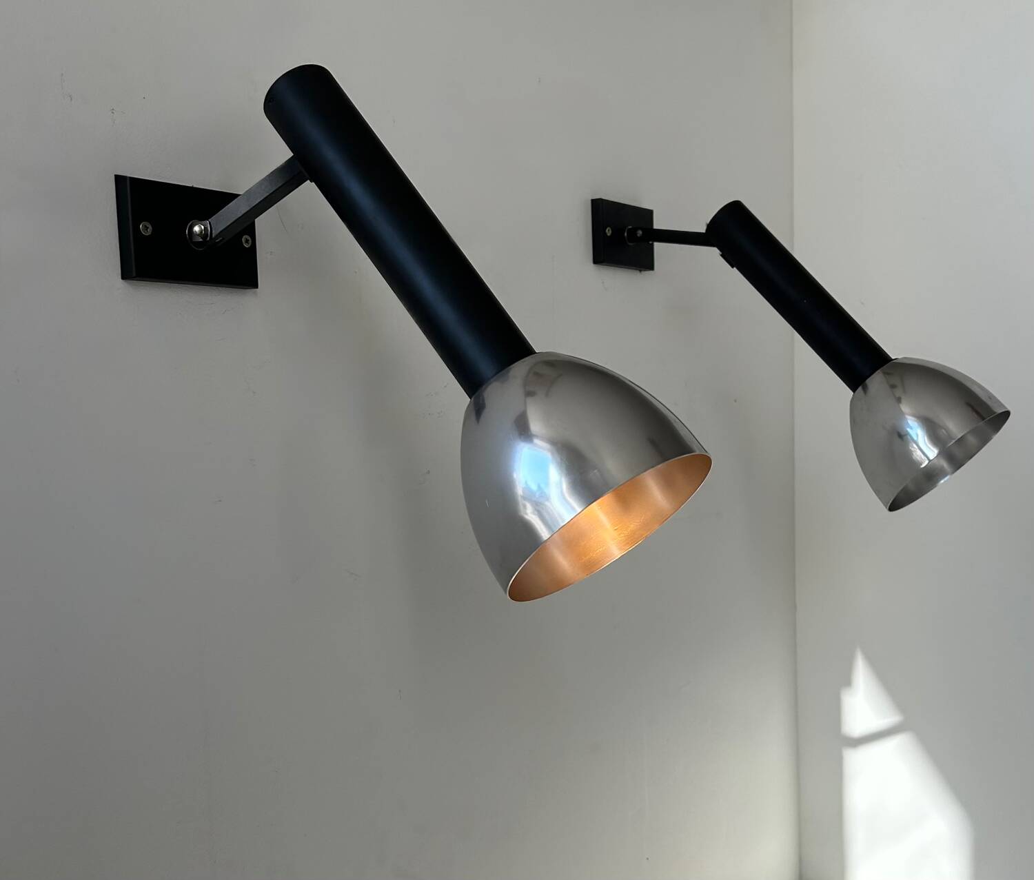 Pair of vintage wall lights, chrome and matte black metal, France 1960