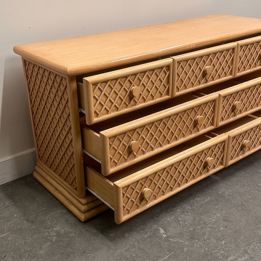 Oak & faux rattan-front dresser - Chest of drawers by Maugrion for Roche Bobois