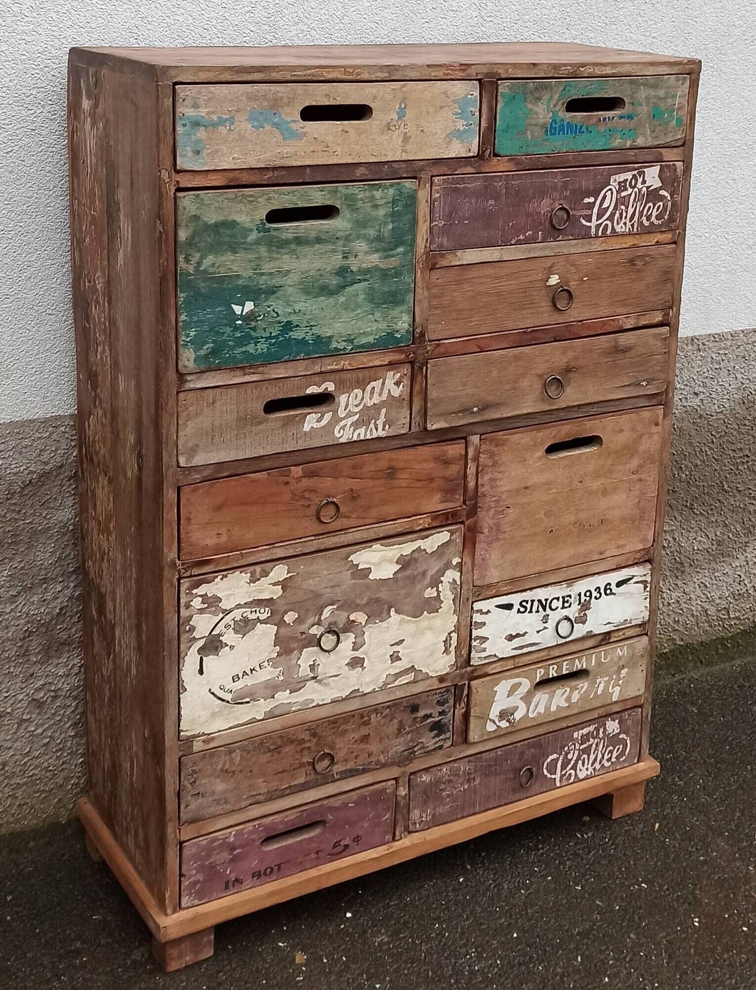 Original wooden chest of drawers with 15 mismatched drawers