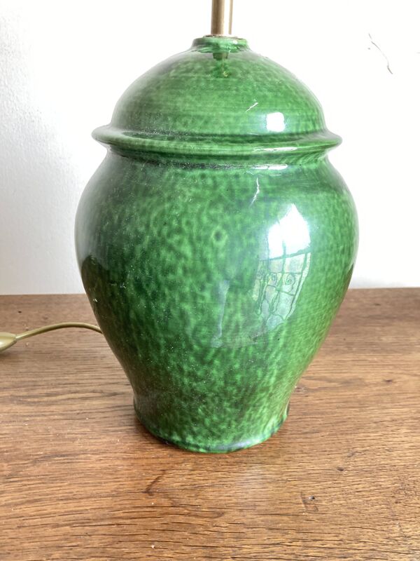 Lampe balustre en terre vernissée verte Provence 1960