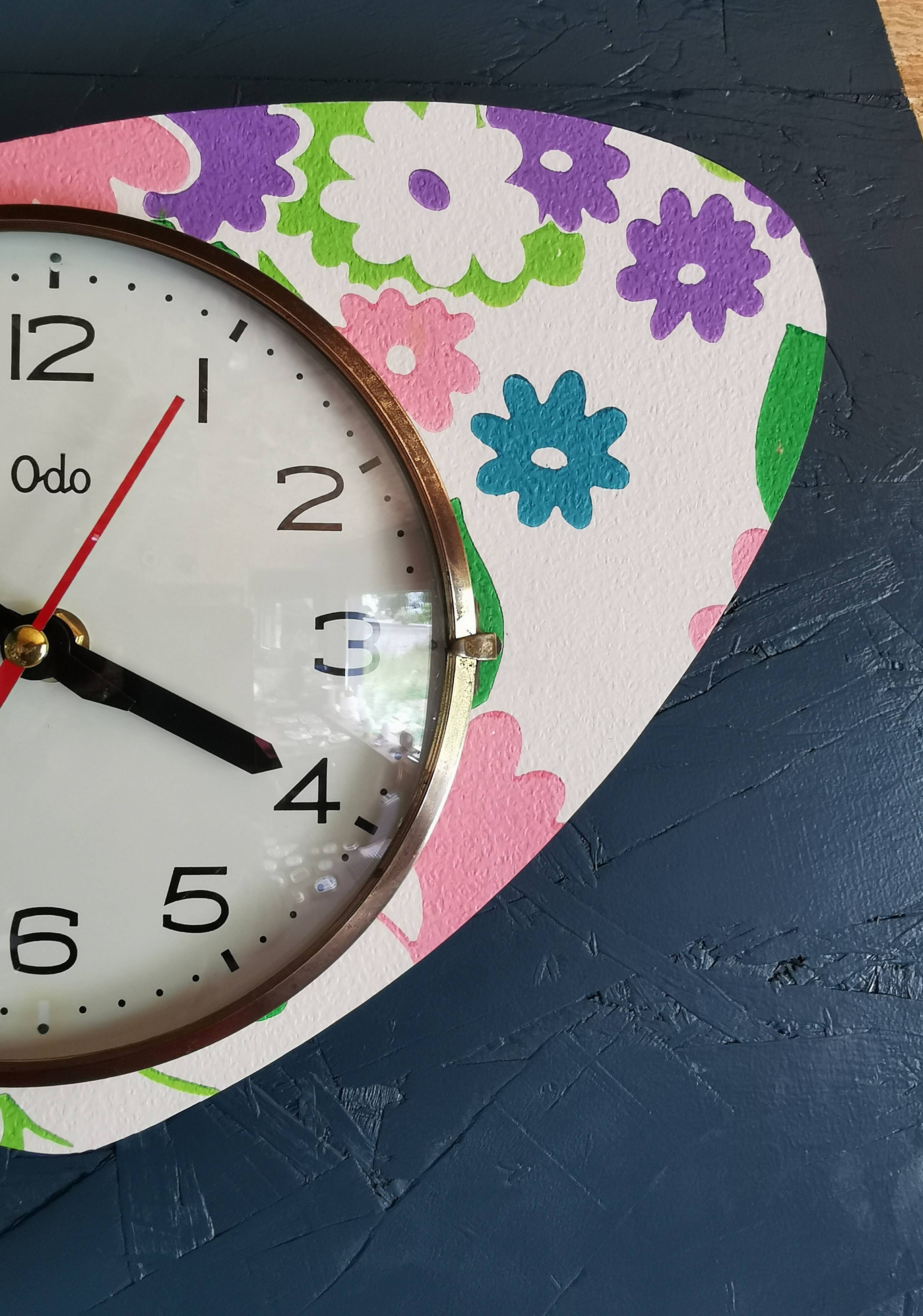 Vintage silent asymmetrical wall pendulum clock "Purple green pink flowers"