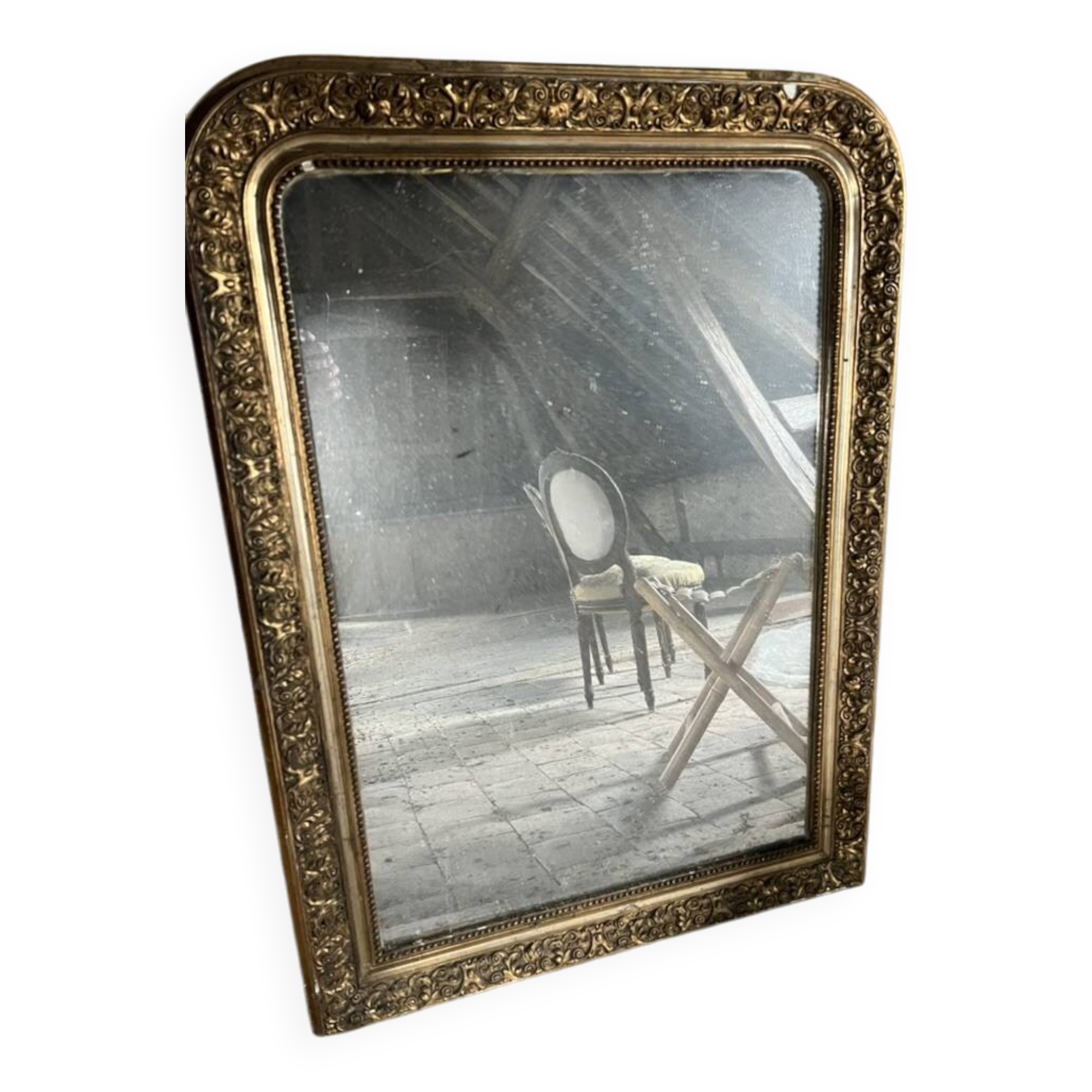 Antique fireplace mirror, gilded stucco frame, 19th century
