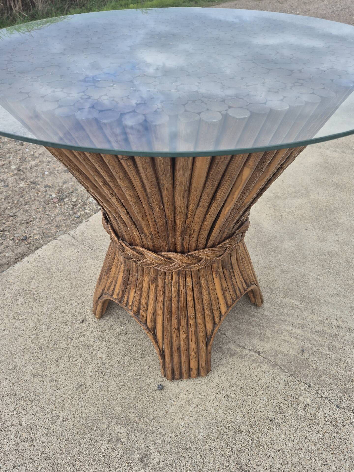 Sheaf of wheat bamboo dining table glass top McGuire 1970s