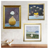 Tableau, Rose blanche au vase ocre translucide