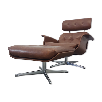 Vintage brown skai swivel chair and ottoman