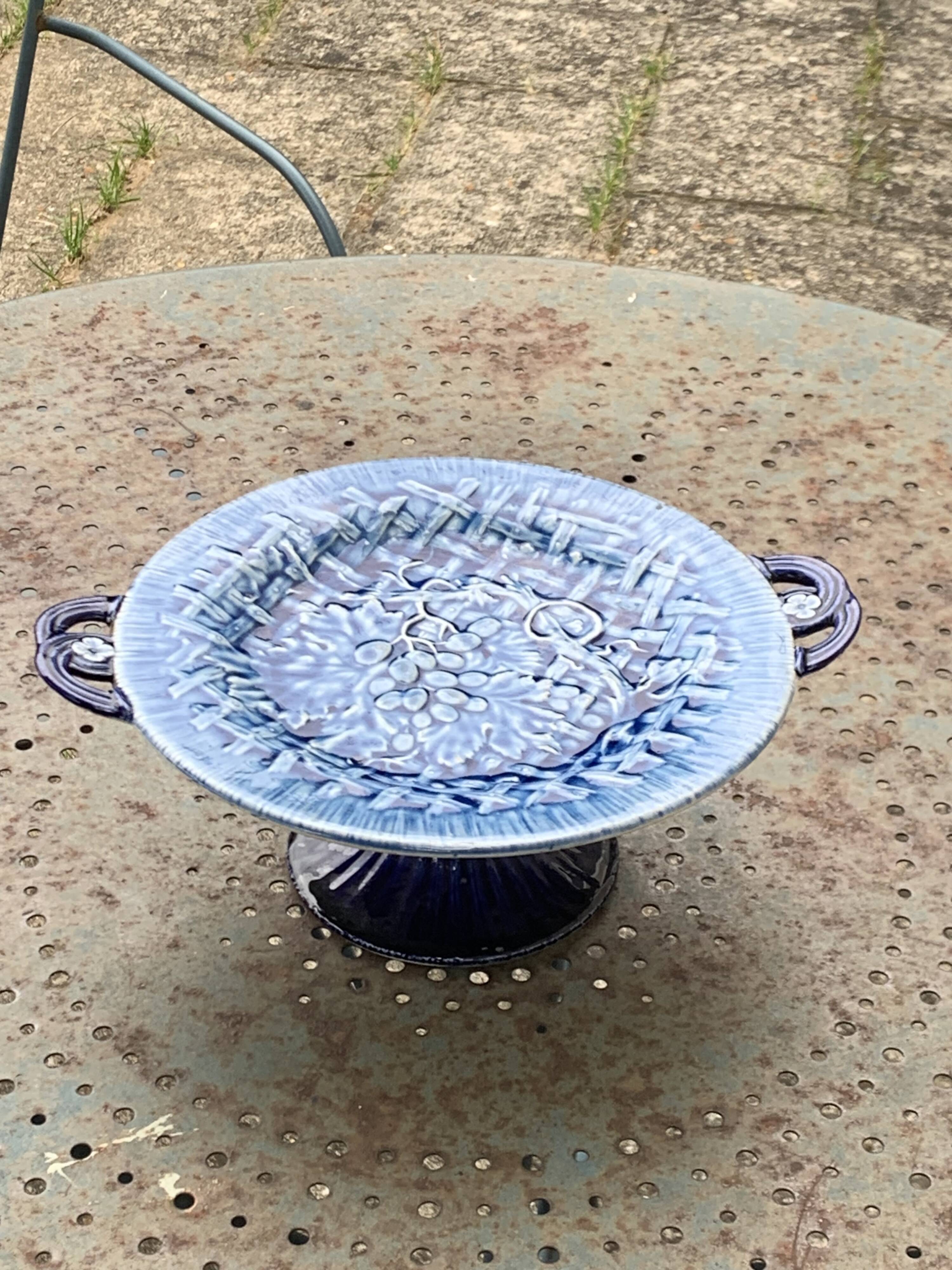 Fruit bowl, blue earthenware compote dish, slip, grape model, HBC