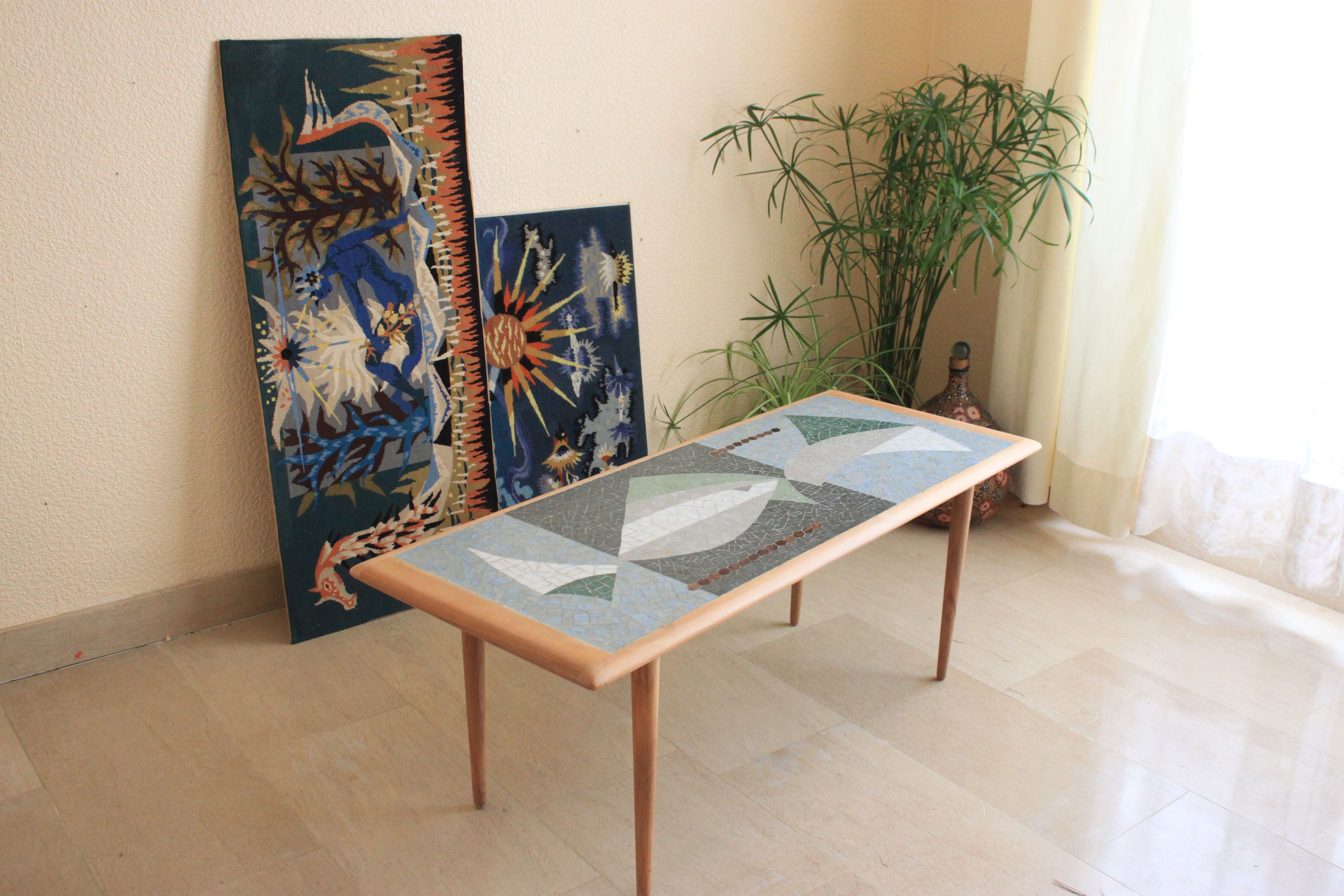 Rare Swiss coffee table in ceramic and beech from the 50s, vintage
