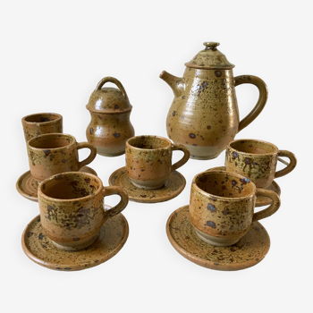 service à café 6 tasses et sous-tasses, theière et sucrier en cérémique / poterie / grès années 50-6
