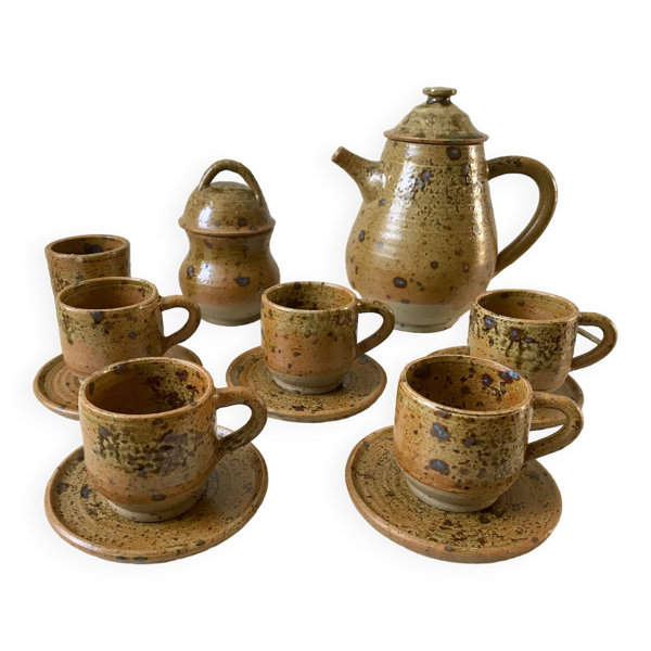 service à café 6 tasses et sous-tasses, theière et sucrier en cérémique / poterie / grès années 50-6