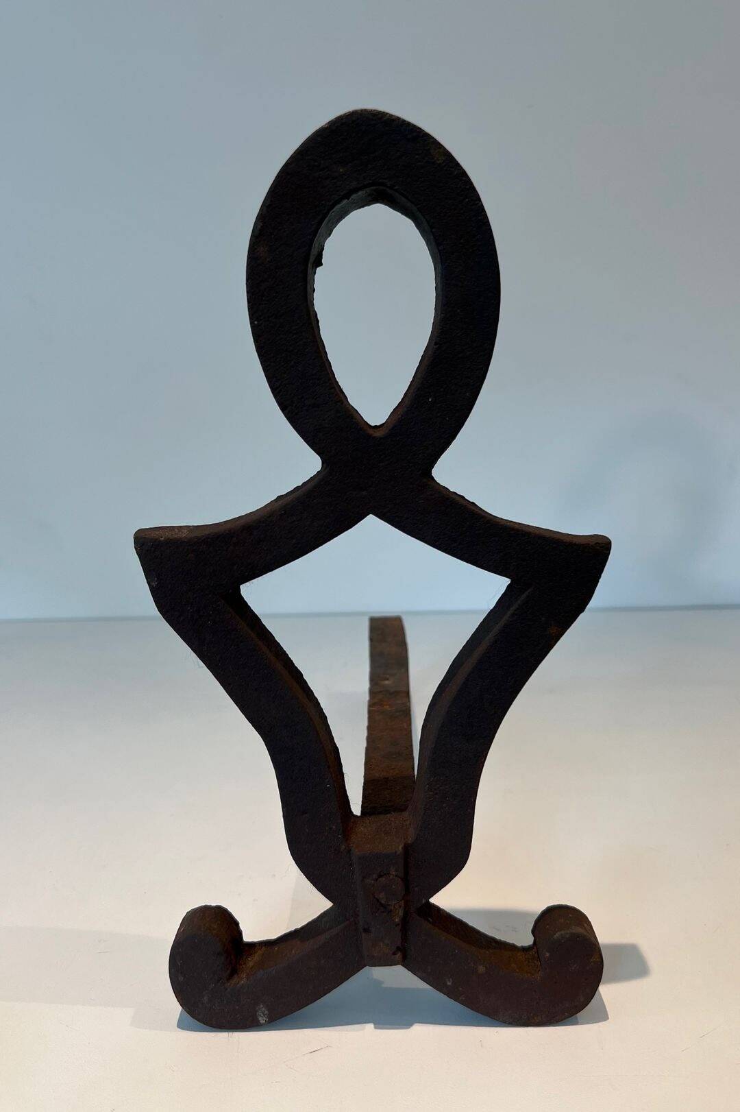 Pair of Modernist Andirons in Cast Iron with Stylised Figure Supports, by Ray