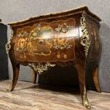 Curved Sauteuse chest of drawers stamped in precious wood marquetry Louis XV style circa 1850