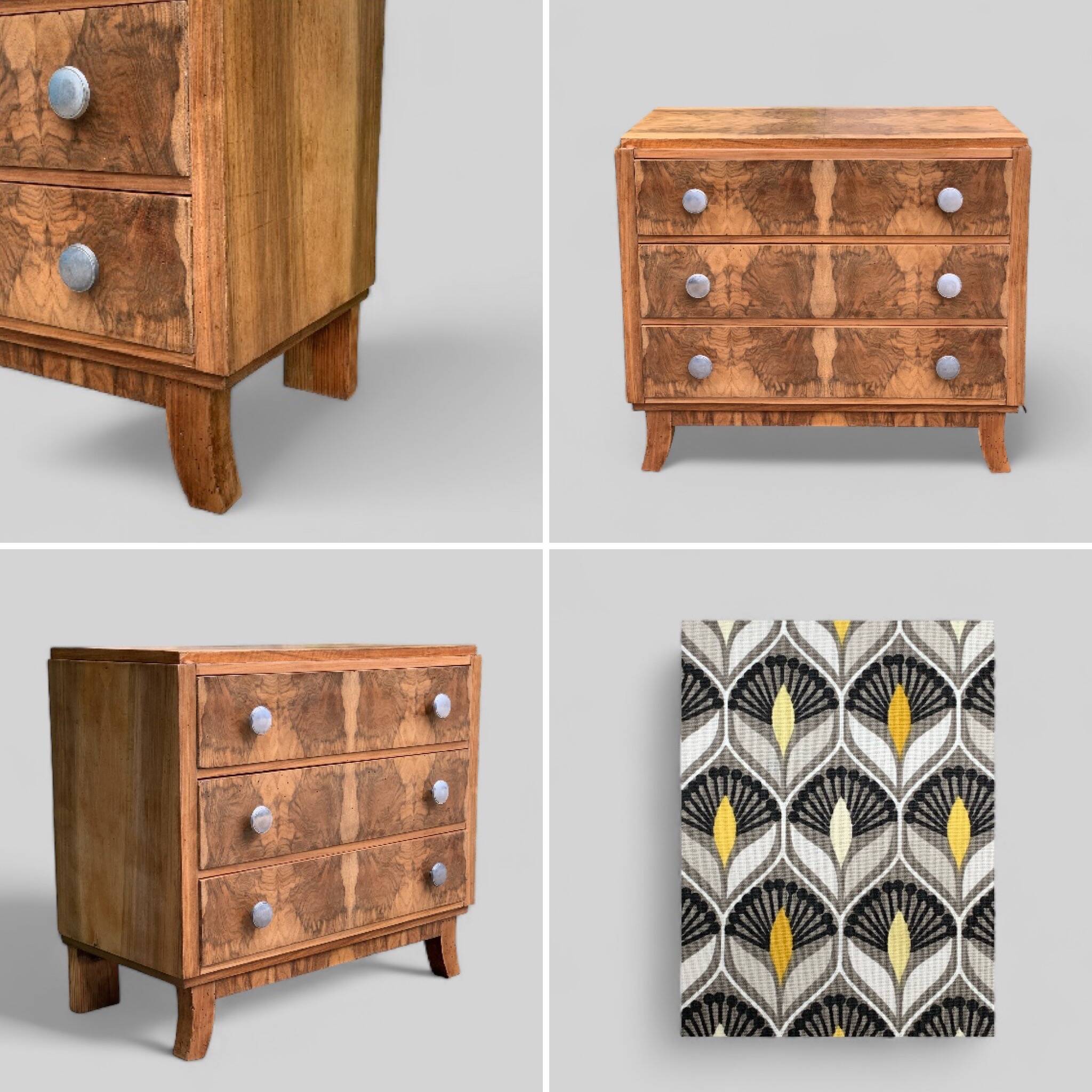 Art Deco chest of drawers in raw walnut burl