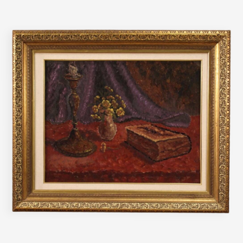 Tableau huile sur nature morte en masonite signé daté 1942