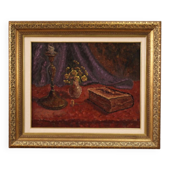 Tableau huile sur nature morte en masonite signé daté 1942