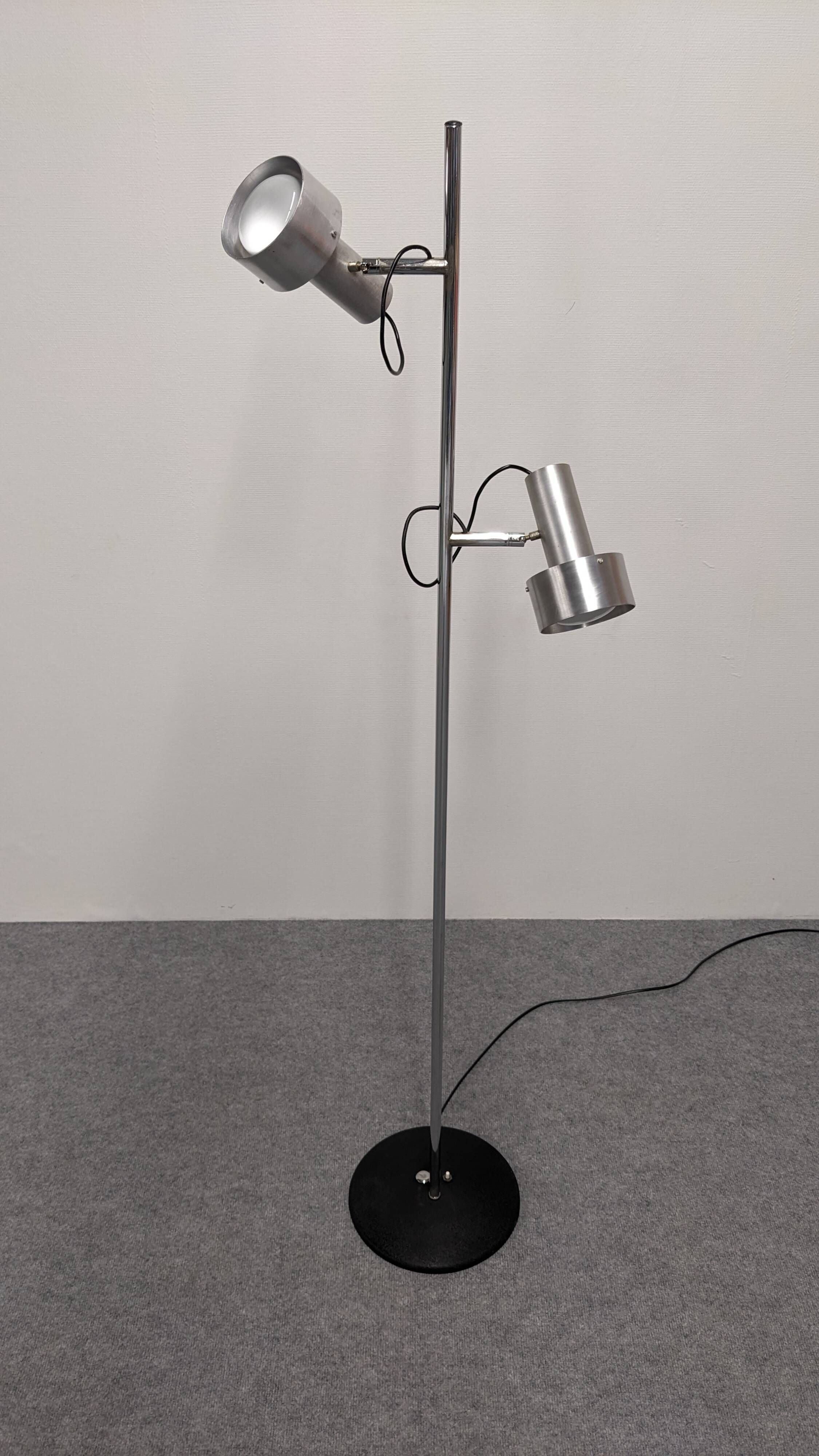 Space age modernist floor lamp with 2 aluminium spots, France circa 1970.