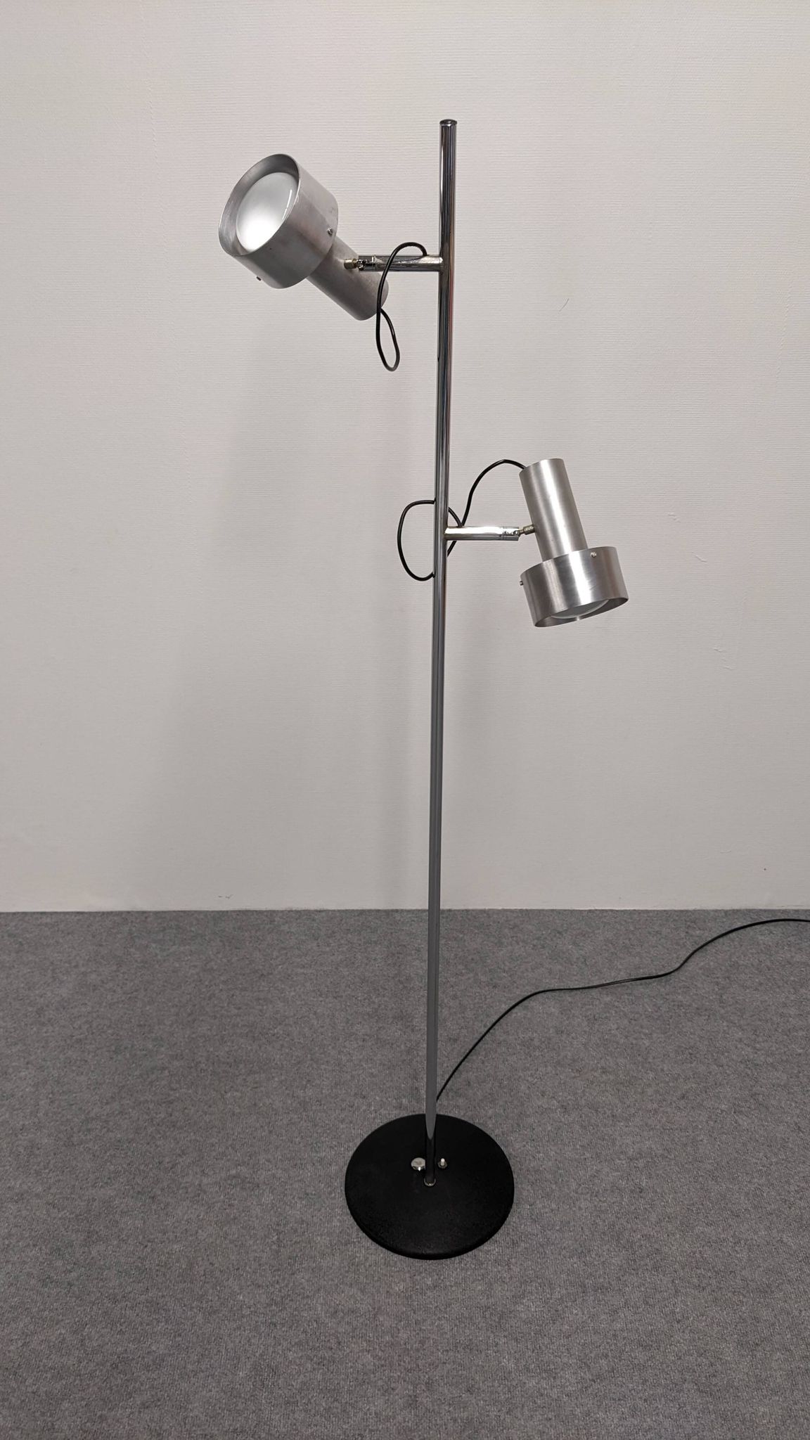 Space age modernist floor lamp with 2 aluminium spots, France circa 1970.