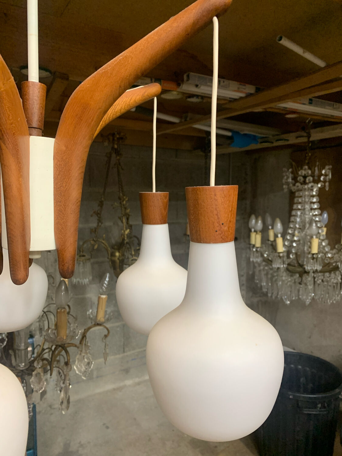 Teak and opaline Rispal chandelier, circa 1960.