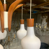 Teak and opaline Rispal chandelier, circa 1960.