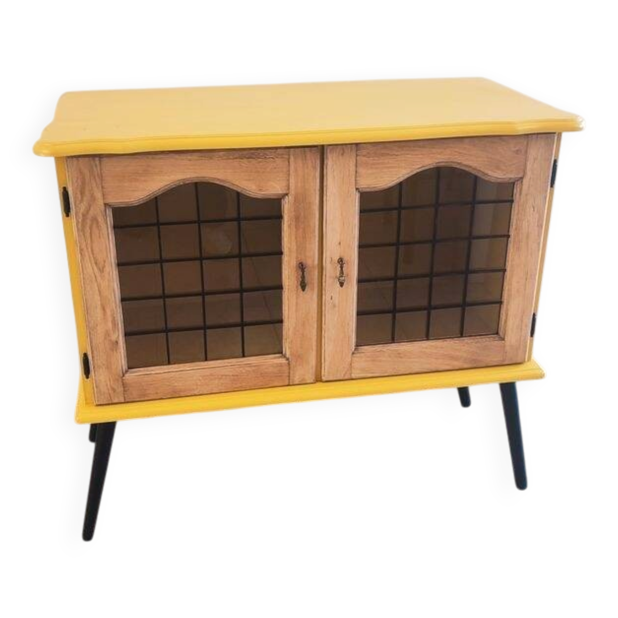 Joli petit buffet vintage jaune et noir avec portes vitrées