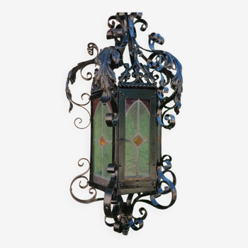 Ancienne lanterne en vitrail et fer forgé du 19ème