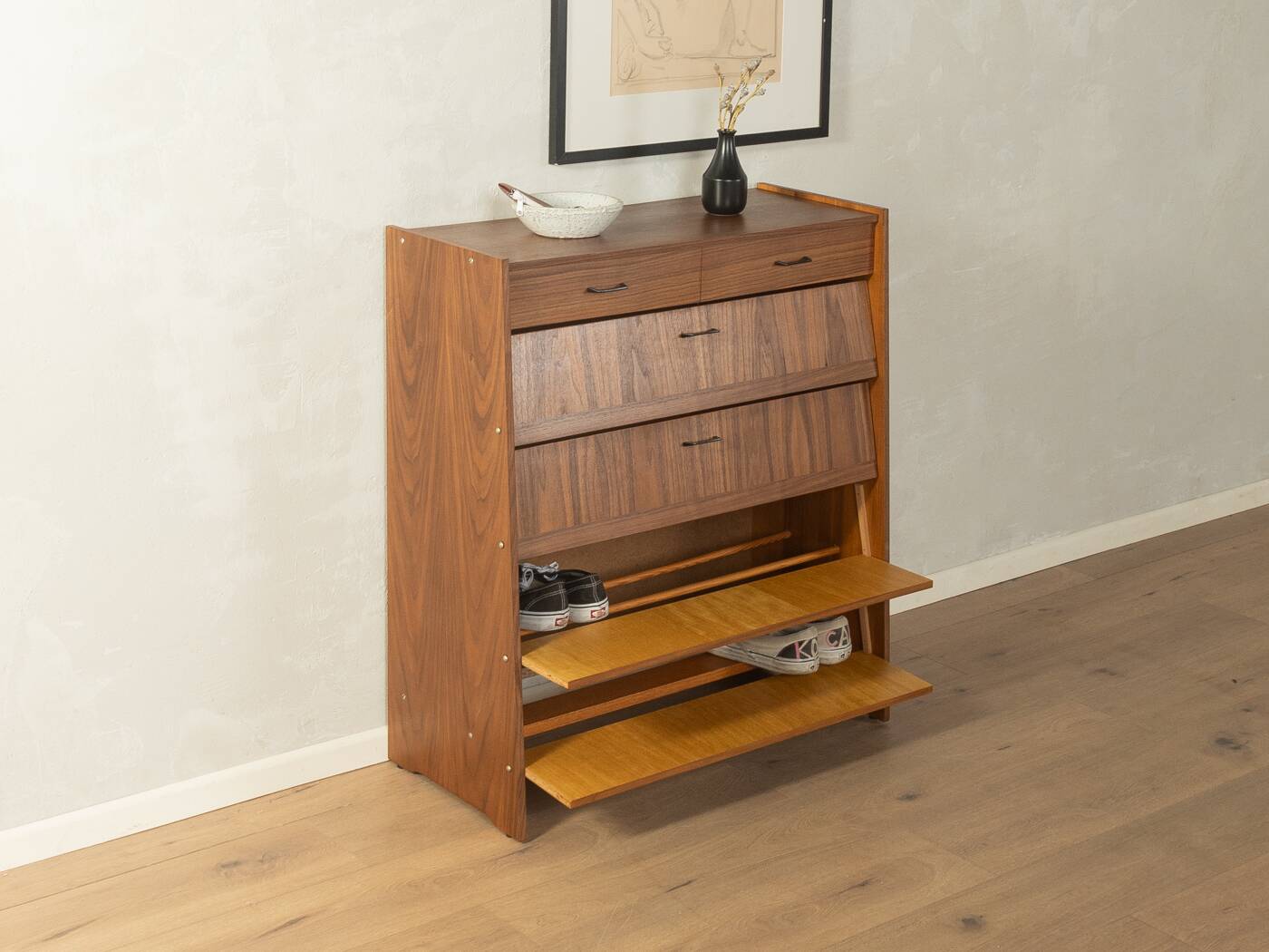 Classic shoe cabinet from the 1960s, walnut veneer, four drop-down doors, two drawers