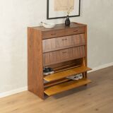 Classic shoe cabinet from the 1960s, walnut veneer, four drop-down doors, two drawers