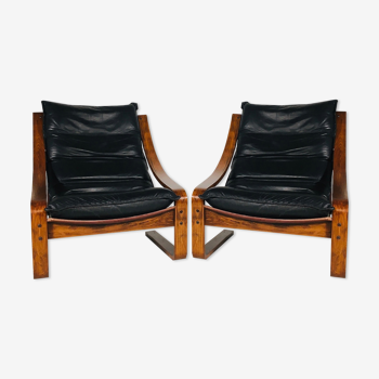 Pair of vintage leather armchairs, Sweden 1960's