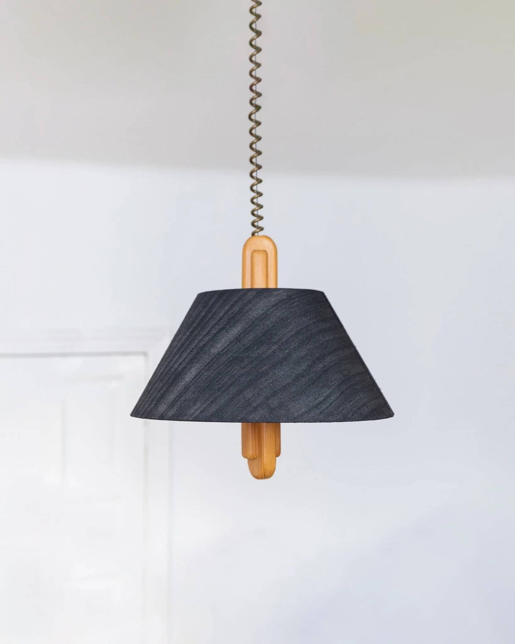 Temde Mid-Century Ceiling Light with dark charcoal silk shade and wooden center column