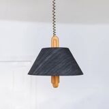 Temde Mid-Century Ceiling Light with dark charcoal silk shade and wooden center column