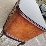 Mid-century Italian brown wooden chest of drawers, black glass top and brass handles.