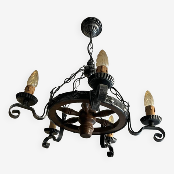 Wrought iron and wood chandelier