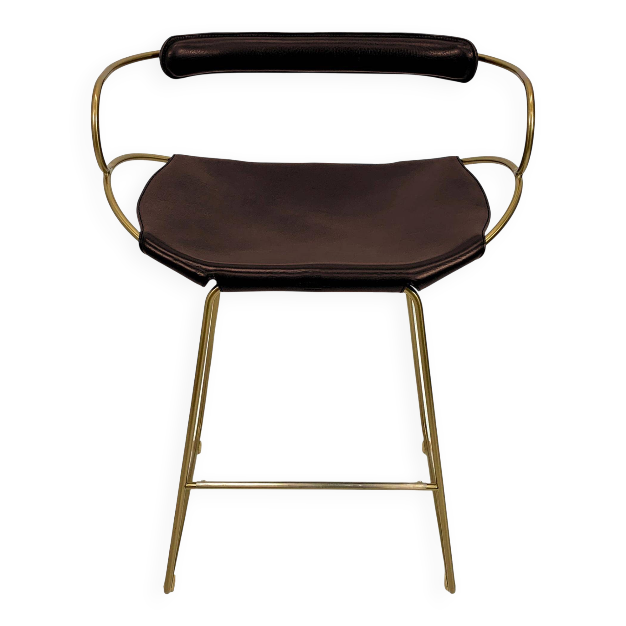 Contemporary bar stool with a vintage brass metal backrest and dark brown leather.