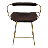 Contemporary bar stool with a vintage brass metal backrest and dark brown leather.
