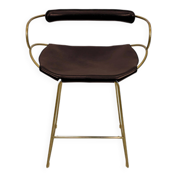 Contemporary bar stool with a vintage brass metal backrest and dark brown leather.