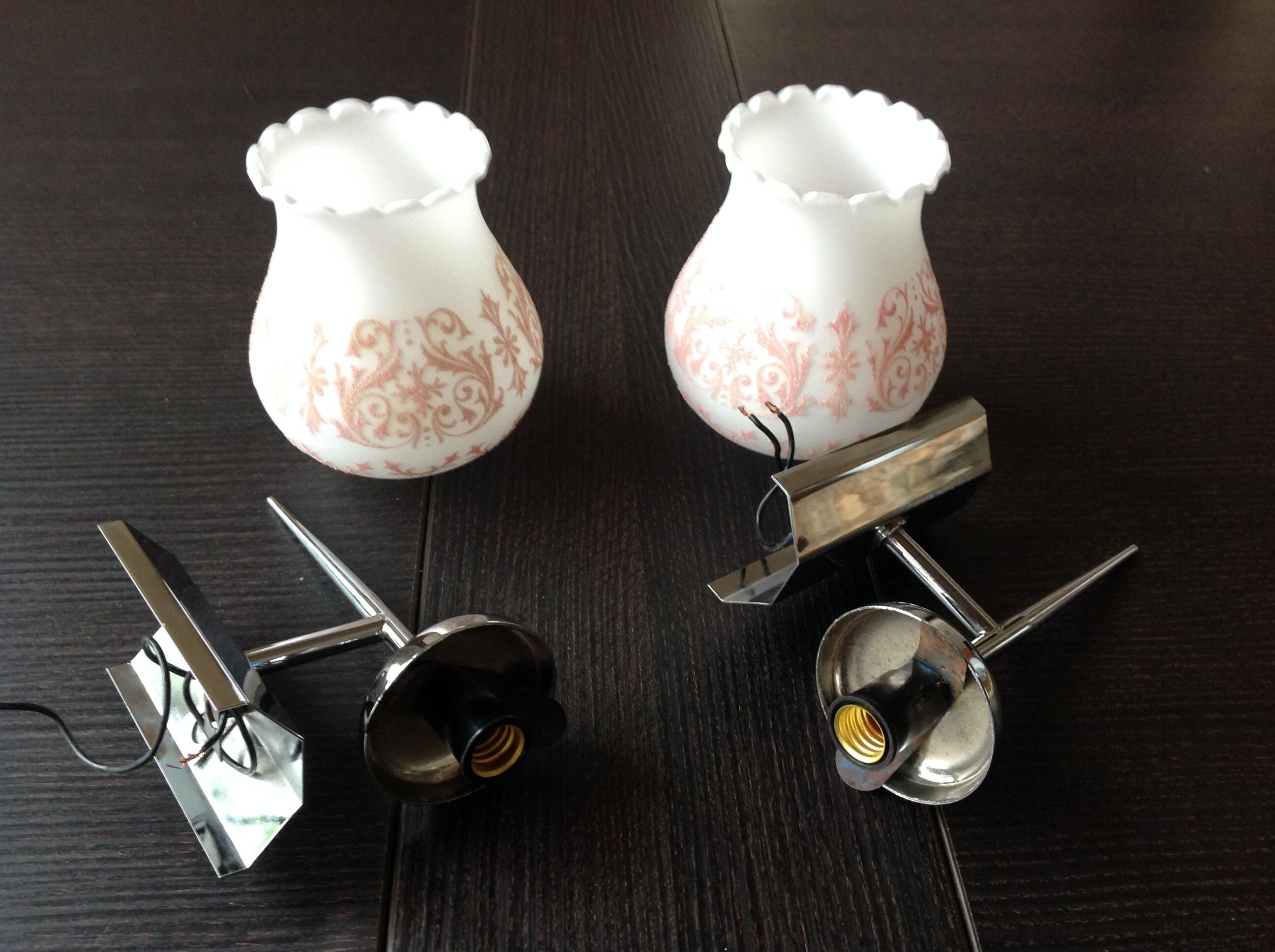 Pair of white opaline and chromed metal / vintage wall lamp 60s-70s