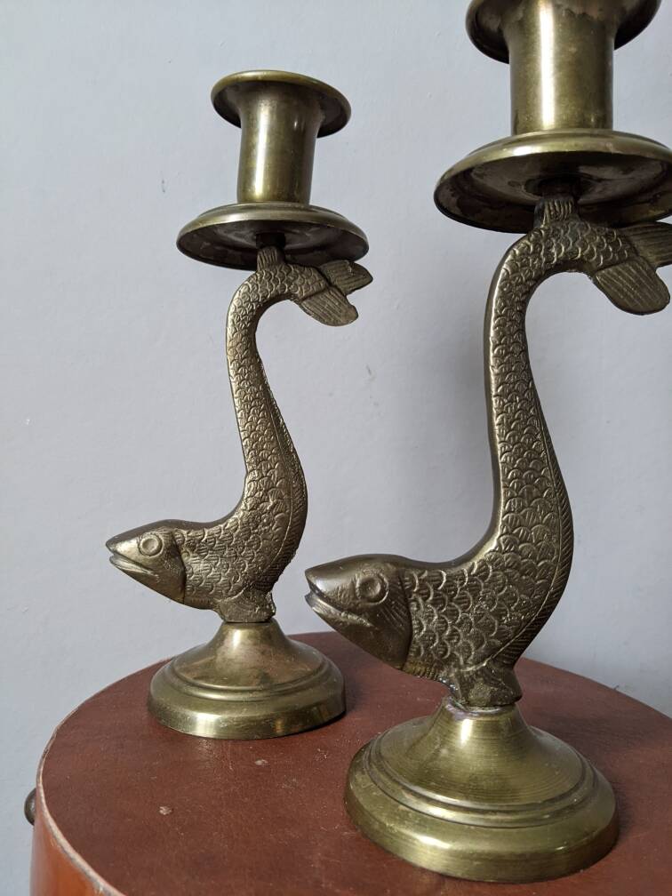Pair of brass fish candlesticks, country decor