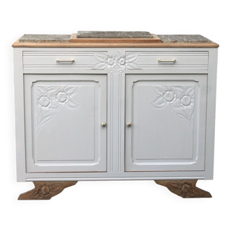Buffet Parisien Art Déco Sculpté – Crème Lin & Marbre – Meuble Unique Rénov