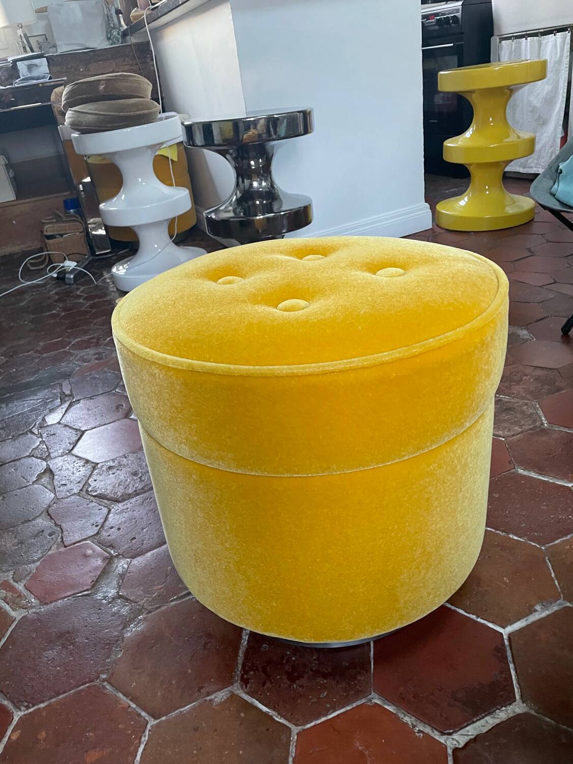 India Mahdavi velvet pouffe stool