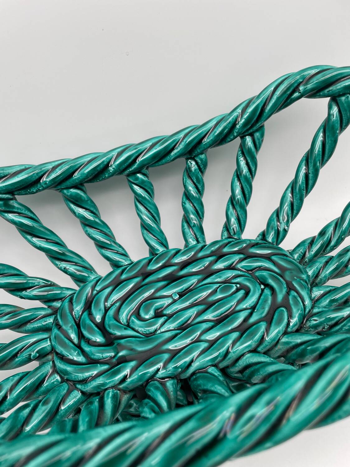 Vintage fruit basket in green enamelled woven earthenware