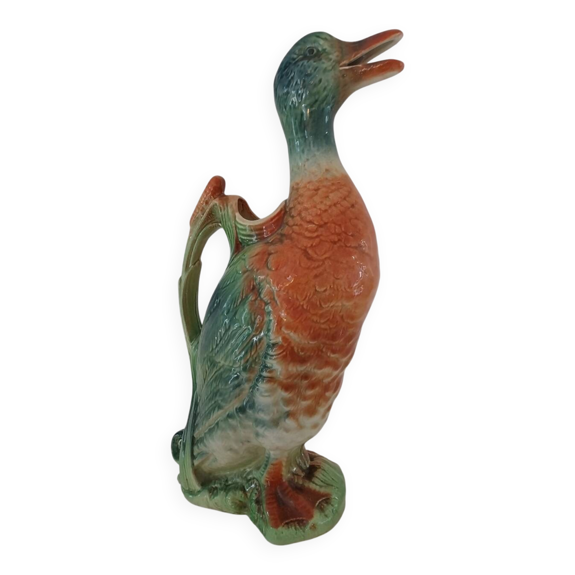 Water jug in slipware from the 1960s. Decorated with a coloured duck. Unmarked.