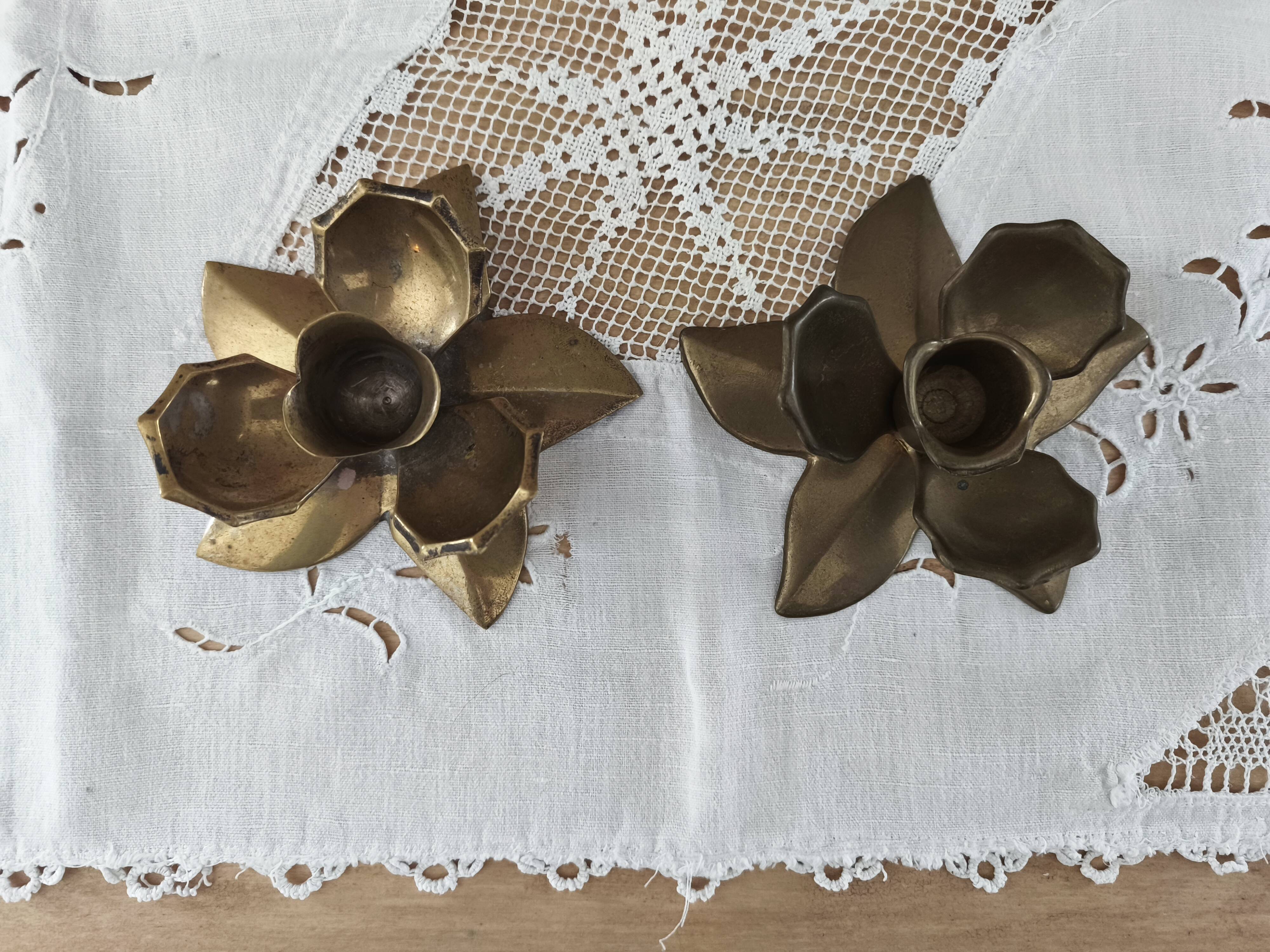 Set of 2 vintage brass flower candle holders NIJHOF Holland