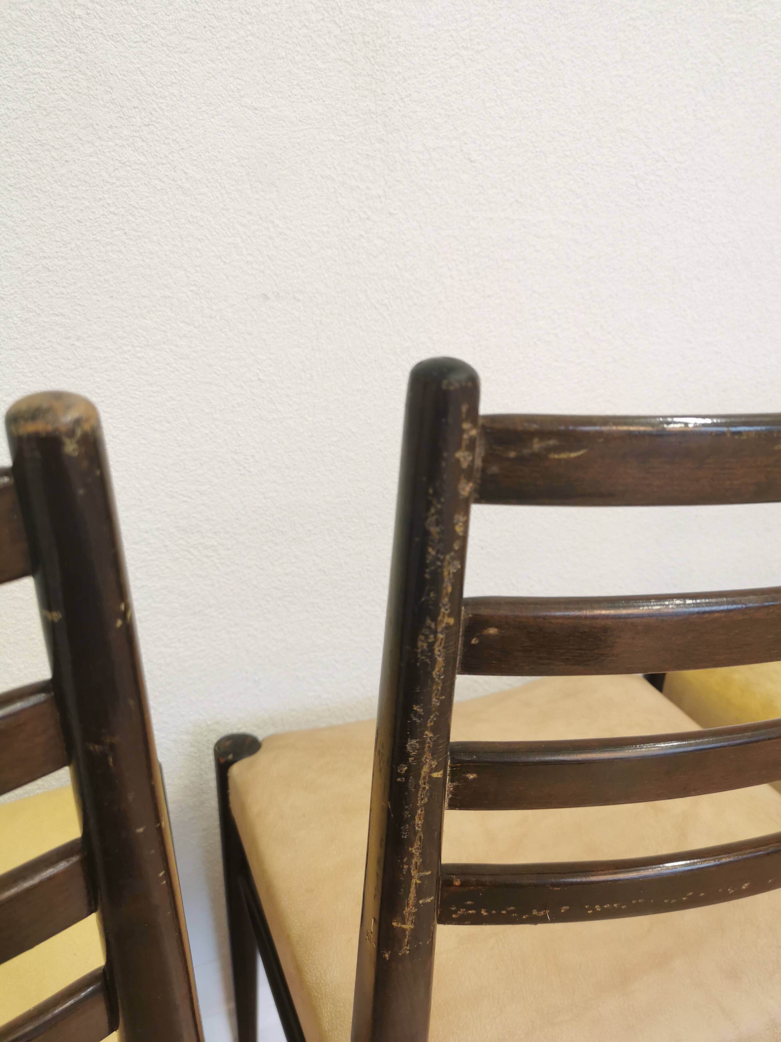 Set of 4 Vintage Wooden Dining Chairs: Beige Faux Leather, Mid-Century Retro