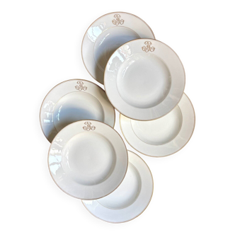 6 assiettes creuses en porcelaine de Paris dorée et monogrammée "JR"