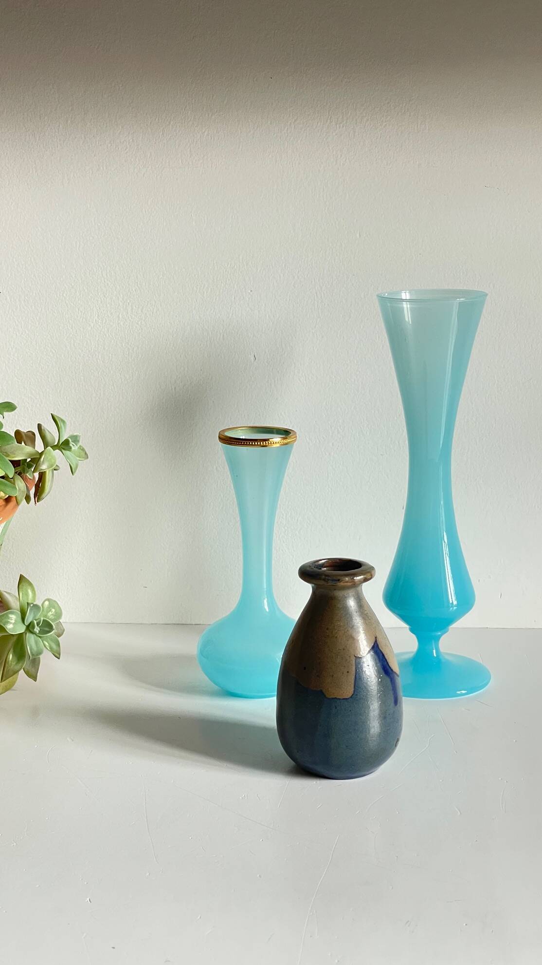 3 VASES Bleu Océan Grès et Verre OPALIN Vintage